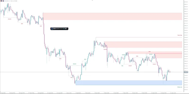 ApeX Indicator SMC on an MT5 chart showing bullish and bearish order blocks drawn behind the candles