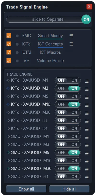 Trade Signal Engine window of the ApeX Indicator bar in MT5 with the SMC engines on XAUUSD outlined in the TRADE ENGINE list, M5 and M30 switched on