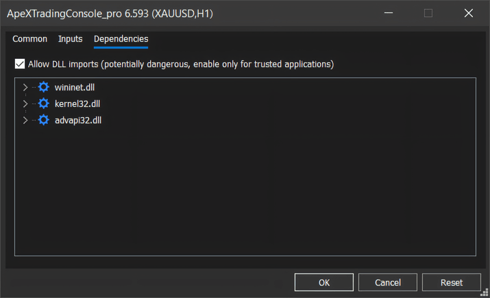 MetaTrader 5 Expert Advisor window for ApeX Trading Console Pro, Dependencies tab, with Allow DLL imports ticked and wininet.dll, kernel32.dll and advapi32.dll listed