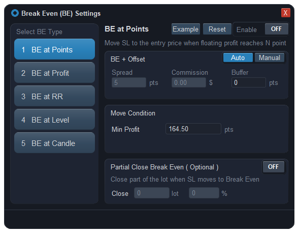 Break-even settings for MT5 in ApeX Trading Console — the five trigger types on the left, with spread, commission and buffer offsets and an optional partial close on the right