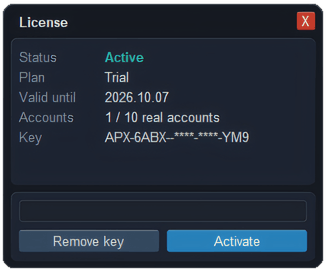ApeX License window on MT5 showing Status Active, the plan, the valid-until date, 1 / 10 real accounts, a masked key, and the key box with Remove key and Activate buttons