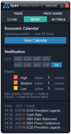 News tab of ApeX Trading Console on MT5 — View Calendar button, news alert settings by currency and impact, and a list of upcoming economic events