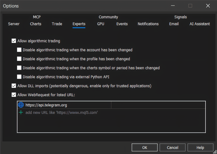 MetaTrader 5 Options window, Experts tab, with Allow algorithmic trading, Allow DLL imports and Allow WebRequest for listed URL ticked, and the list of allowed URLs below