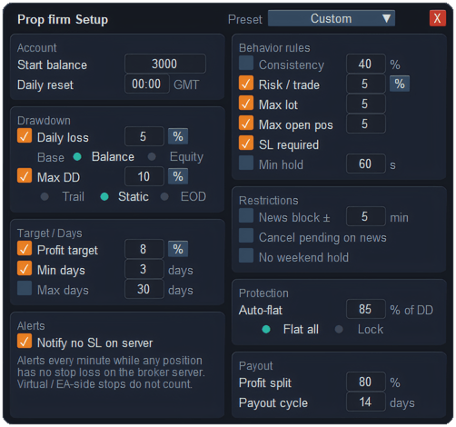 Prop firm Setup window in ApeX Trading Console — account, drawdown limits, target and days, behaviour rules, news restrictions, auto-flat protection and payout