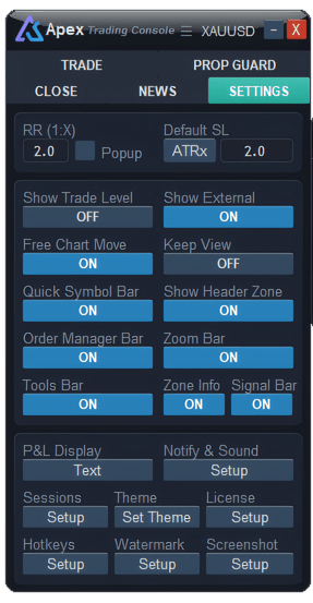 ApeX Trading Console panel on MT5 with the SETTINGS tab open; the License Setup button is in the bottom section next to Sessions and Theme