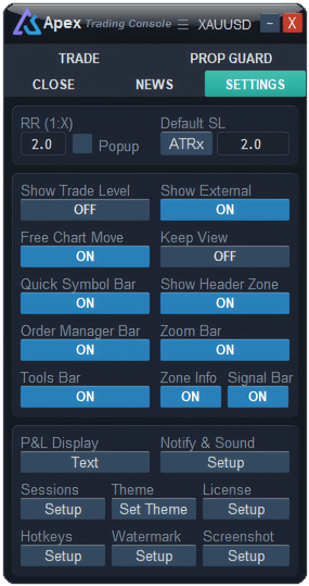Settings tab of ApeX Trading Console on MT5 — default RR and stop, chart and bar options, and Setup buttons for Notify and Sound, sessions, theme, licence, hotkeys, watermark and screenshots