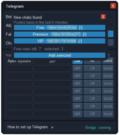 New chats found card in the ApeX Telegram settings on MT5: three channels named Free, Premium and VIP, each ticked, with their chat IDs blurred and an Add selected button