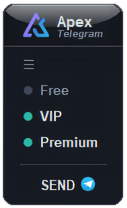 Vertical ApeX Telegram signal bar on an MT5 chart with Free, VIP and Premium channels and a SEND button