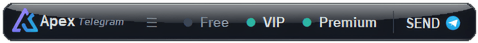 ApeX Telegram signal bar on an MT5 chart — channels Free, VIP and Premium with VIP and Premium selected, and the SEND button