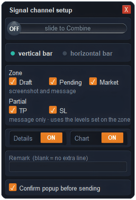 Signal channel setup for Telegram in ApeX Trading Console on MT5 — include draft, pending and market trades, partial TP and SL levels, details and chart on or off, a remark line, and a confirmation popup before sending