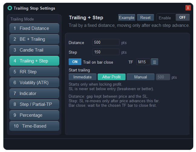 Trailing stop settings for MT5 in ApeX Trading Console — the list of ten trailing methods, with the Indicator method open to choose MA, Parabolic SAR, ATR Stop, ZigZag or Fractals