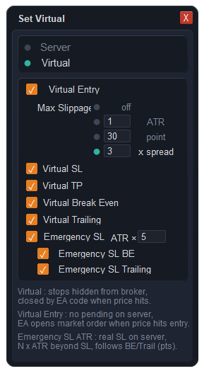 Virtual SL and TP settings on MT5 in ApeX Trading Console — separate checkboxes for virtual entry, SL, TP, break-even and trailing, with an ATR-based emergency stop below