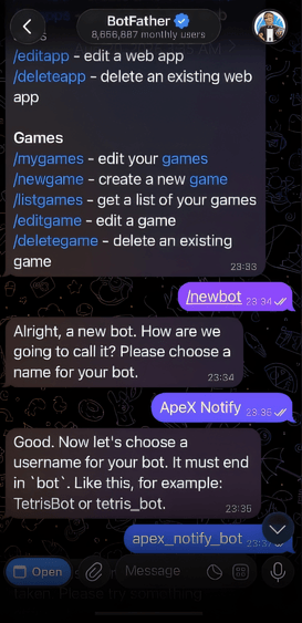 Telegram chat with BotFather: the /newbot command, a display name for the bot, then a username ending in bot