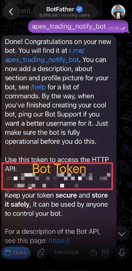 BotFather confirming the new bot, with the bot token outlined in red and blurred