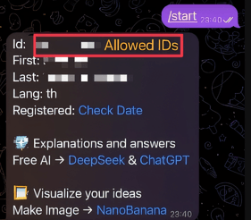 A Telegram user-ID bot replying to /start, with the Id line outlined in red and blurred, labelled Allowed IDs