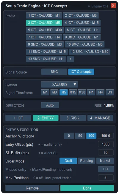 ENTRY tab of the ICT Concepts trade engine in ApeX Trade Manager with Anchor % of zone, Entry Offset, SL Buffer, Order Mode and Max Positions