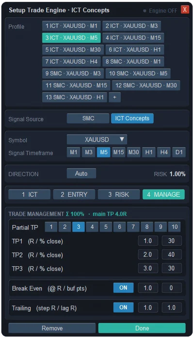 MANAGE tab of the ICT Concepts trade engine in ApeX Trade Manager with three partial take profits at 1R, 2R and 3R closing 30, 40 and 30 percent, main TP 4R, break-even and trailing on