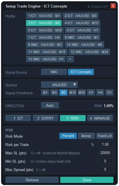 RISK tab of the ICT Concepts trade engine in ApeX Trade Manager: Risk Mode Percent, Money or Fixed Lot, Risk per Trade 1 percent, Max SL, Min SL and Max Spread
