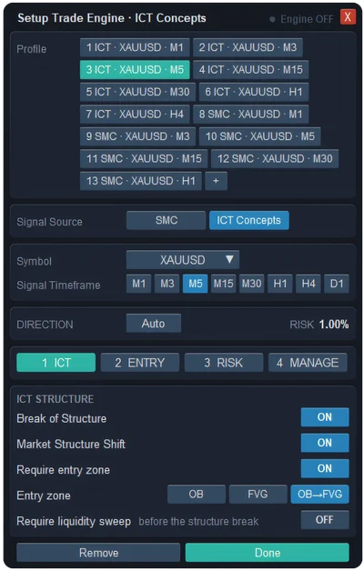 Setup Trade Engine window of ApeX Trade Manager in MT5 with Signal Source ICT Concepts and the ICT STRUCTURE tab: Break of Structure, Market Structure Shift, Require entry zone, Entry zone OB, FVG or OB to FVG, and Require liquidity sweep
