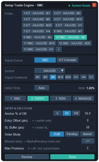 ENTRY tab of the SMC trade engine in ApeX Trade Manager: Anchor % of OB, Entry Offset, SL Buffer, Order Mode Draft, Pending or Market, and Max Positions
