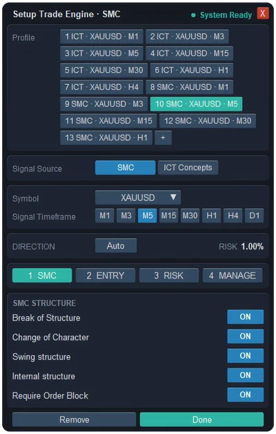 Setup Trade Engine window of ApeX Trade Manager in MT5 with Signal Source SMC and the SMC STRUCTURE tab: Break of Structure, Change of Character, Swing structure, Internal structure and Require Order Block